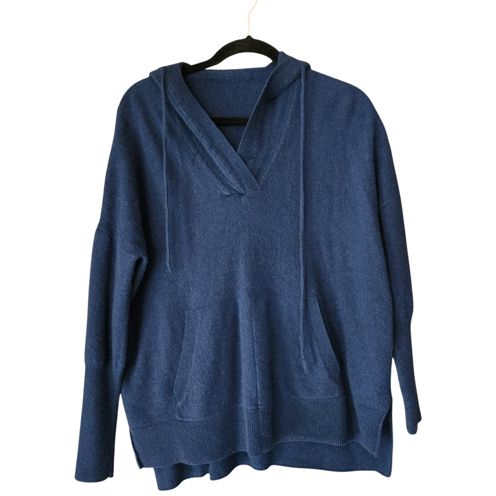 100% Cashmere Sweater Womens Size M Navy Blue‎ Hoodie V-Neck Soft Pullover